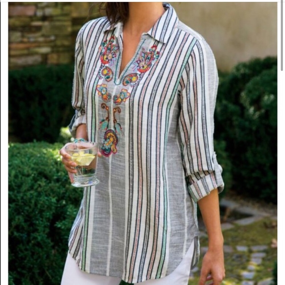 Soft Surroundings Aruba Pullover Tunic Embroidered paisley striped
